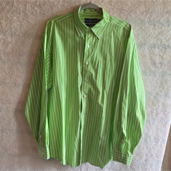 Ralph Lauren Men's Custom Fit Fine Two-Ply 100's Bright Green Striped Shirt - Picture 1 of 6